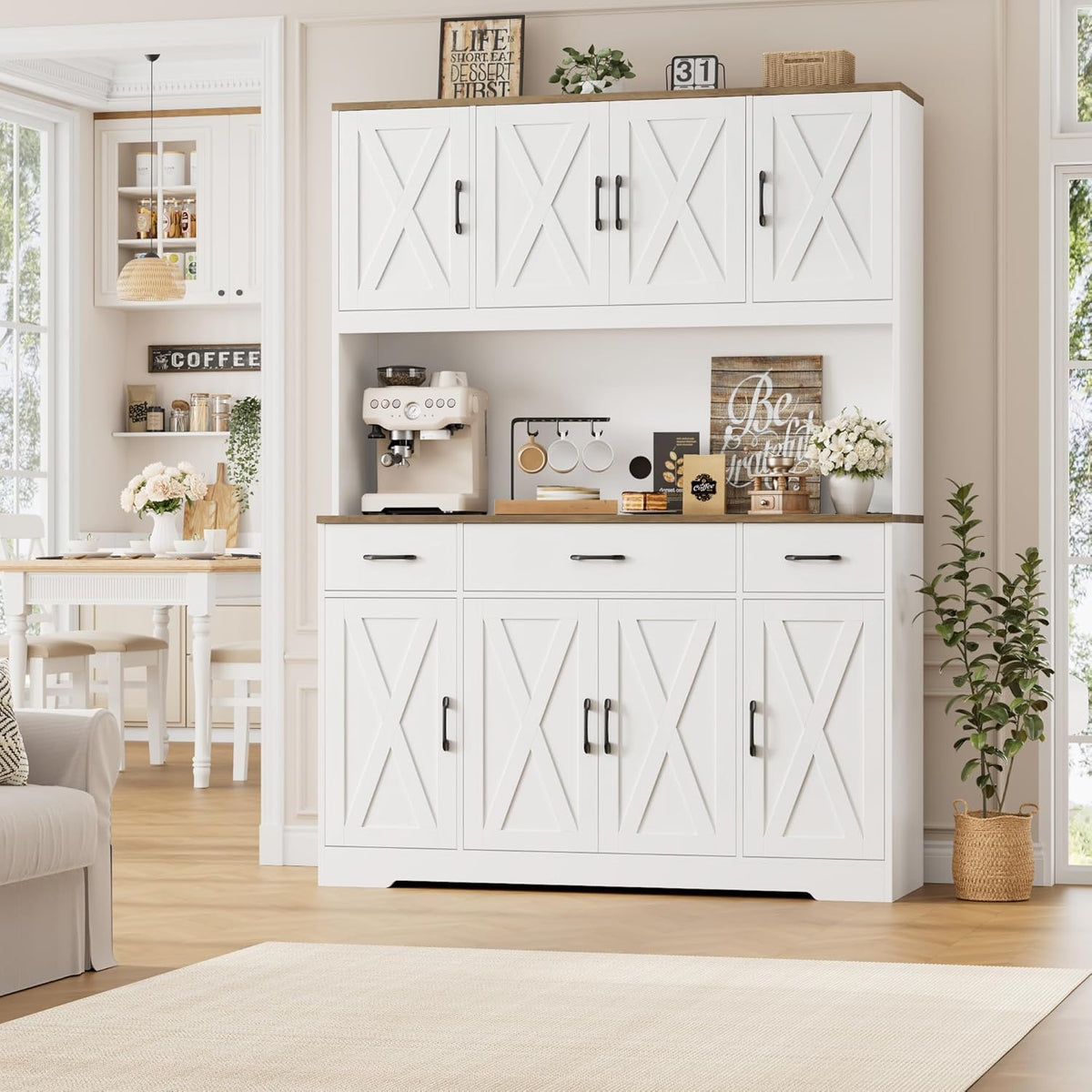 HOSTACK 71" Tall Kitchen Pantry Storage Cabinet with Charging Station, 55" Wide Kitchen Hutch Cabinet with Large Countertop, Farmhouse Food Pantry