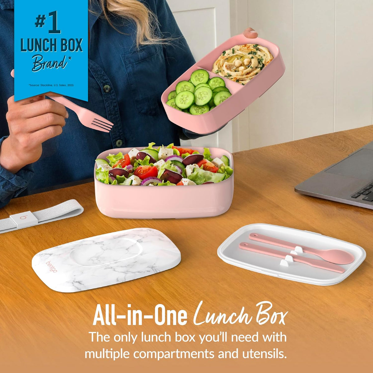 Bentgo Classic - Adult Bento Box, Stackable 3-Compartment Lunch Box with Removable Utensil Set and Sealing Strap, BPA-Free, Food Container