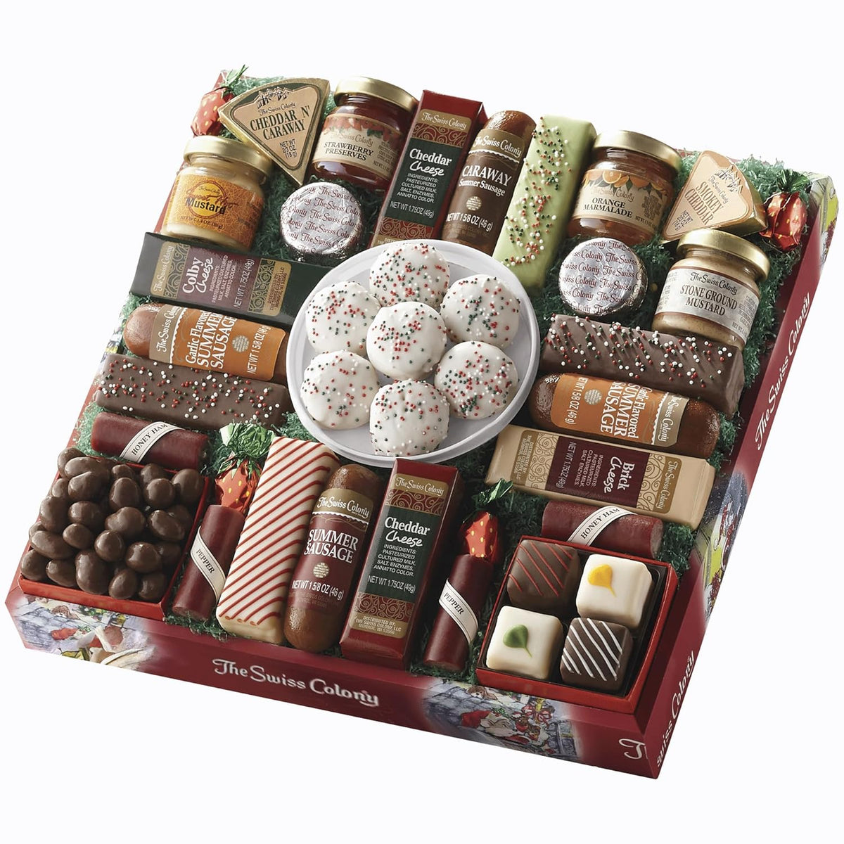 The Swiss Colony 27 Favorites Food Gift Set, Summer Sausage Meats and Cheeses, Assorted Chocolates, Candies, Petits Fours, Cheese & Charcuterie Board