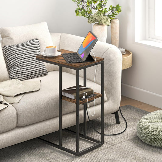 Yoobure C Shaped End Table with Charging Station, Small Side Table for Sofa，26" Tall Tv Tray Couch Table with Storage,Bedside Table with USB Ports