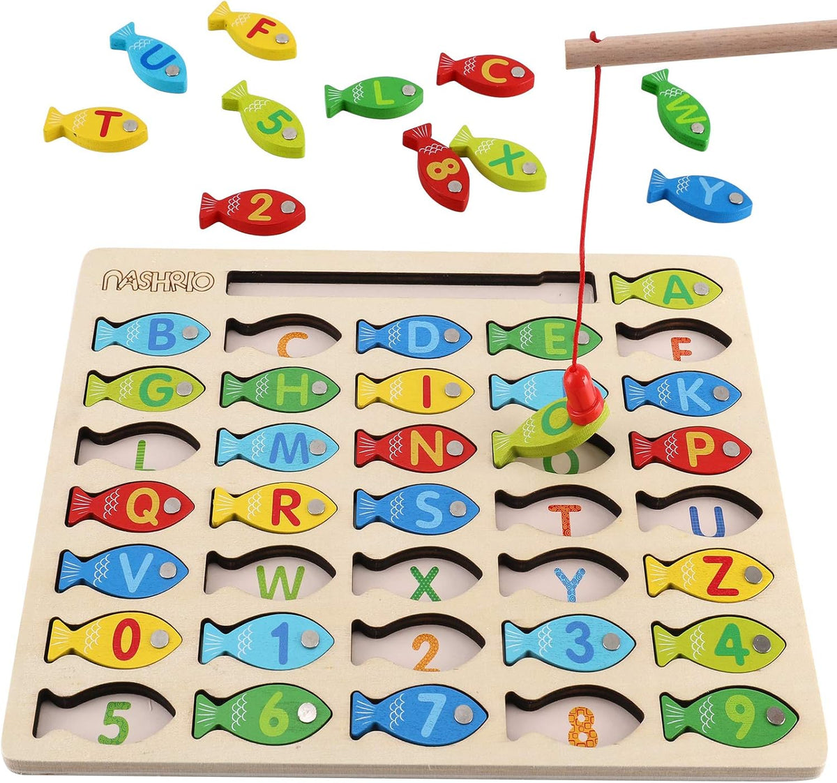 Magnetic Wooden Fishing Game Toy for Toddlers, Alphabet Fish Catching Counting Games Puzzle with Numbers and Letters, Preschool Learning ABC Math