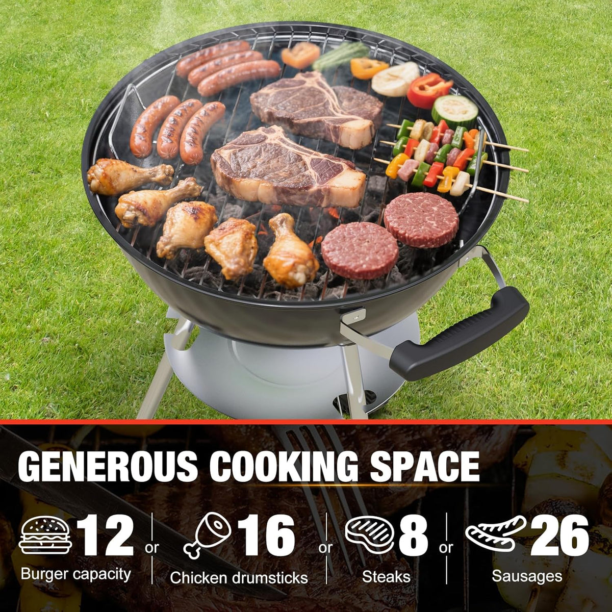 18 inch Charcoal Grill, Portable Kettle BBQ Grills, Perfect BBQ Gift, Durable & Easy to Assemble, Round Barbecue Grill with Wheels and Lid for