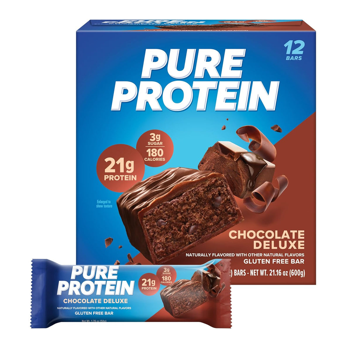 Pure Protein Chocolate Deluxe Protein Bars – 20g Protein, 3g Sugar, 190 Calories (12 count) Low Sugar* High Protein Snack - Gluten Free - Perfect for