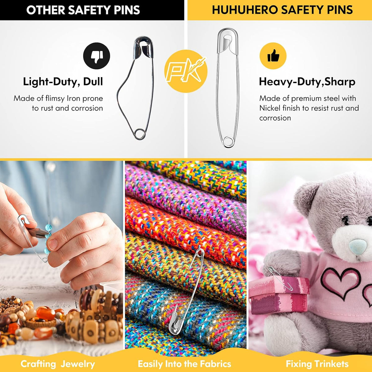 Huhuhero 160Pcs Safety Pins, Large & Small Safety Pins for Clothes Sewing Craft, Nickel Plated Steel Assorted Size Pins Bulk, Art and Craft Supplies