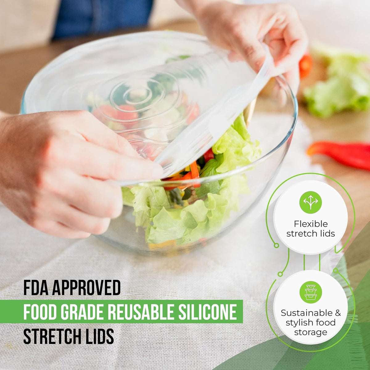 Reusable Silicone Stretch Lids for Food Storage in Fridge - Elastic Heat-Resistant Bowl Covers, Cups, Cans, Jars - Universal Food Grade Lid for Round