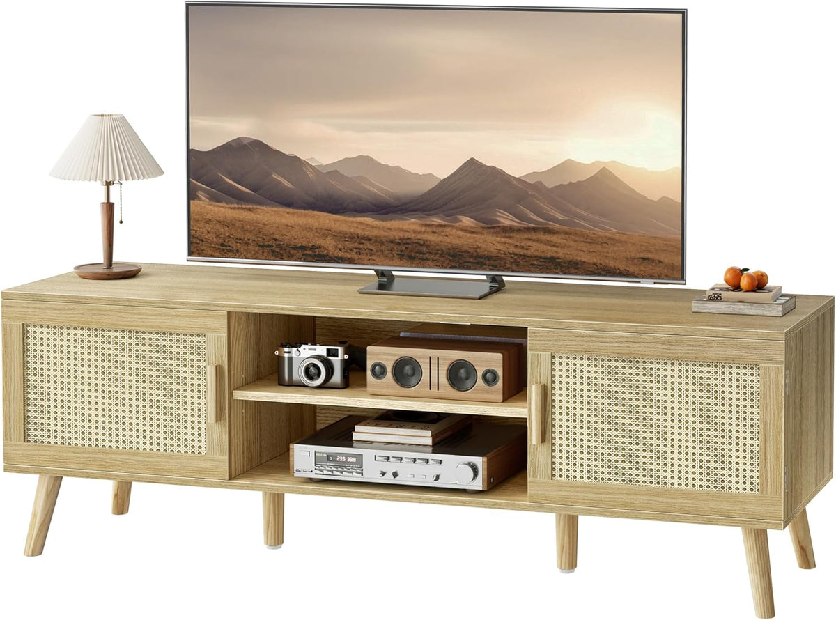 SUPERJARE Boho TV Stand for 65 Inch TV, Entertainment Center with Adjustable Shelf, Rattan TV Console with 2 Cabinets, Media Console, Solid Wood