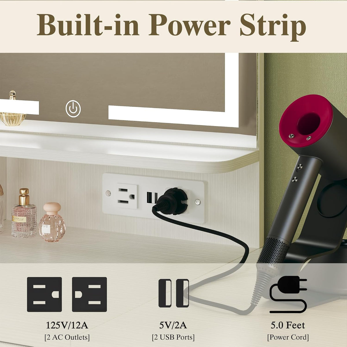 Small Vanity Desk with Mirror and Lights, Makeup Vanity with Fabric Storage Drawer, Chair and Three Shelves, White Vanity with Power Outlet and