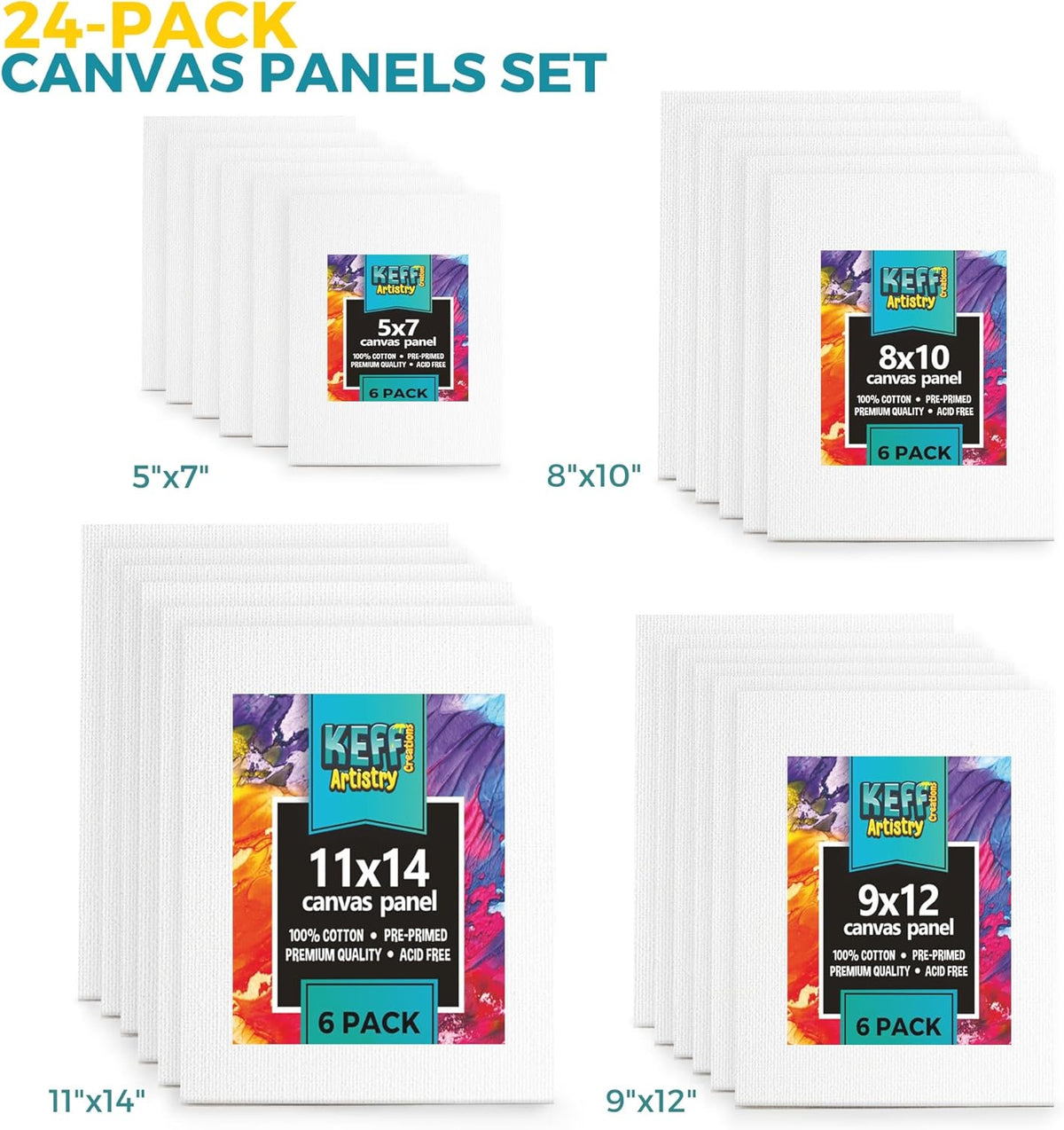 KEFF 24-Pack Canvas for Painting, 6 of 5x7, 8x10, 9x12,11x14 Painting Canvas Boards, Art Supplies for Adults & Kids - 100% Cotton Primed Canvases for