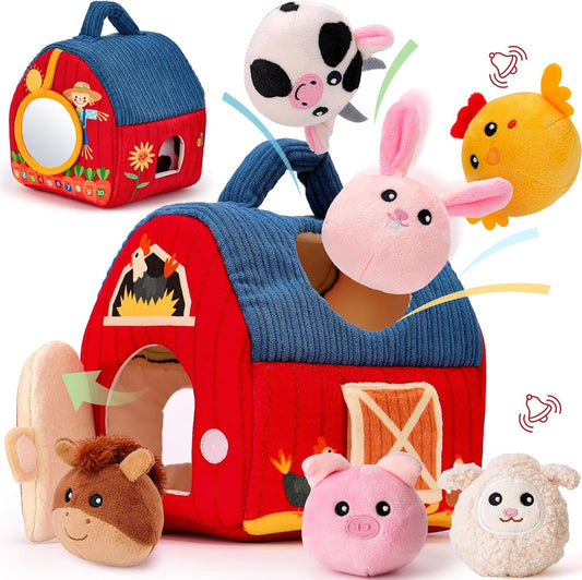 hahaland Baby Toys 6-12 Months - Surprise Barn Stuffed Farm Animals, Rattle, Crinkle, Mirror, Montessori Toys for 6 Month Old Babies Sensory Balls