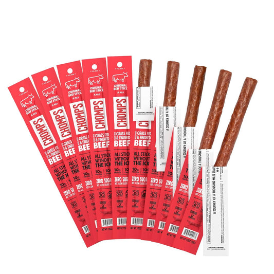 Chomps Grass-Fed and Finished Original Beef Jerky Snack Sticks 10-Pack - Keto, Paleo, Whole30, 10g Lean Meat Protein, Gluten-Free, Zero Sugar Food