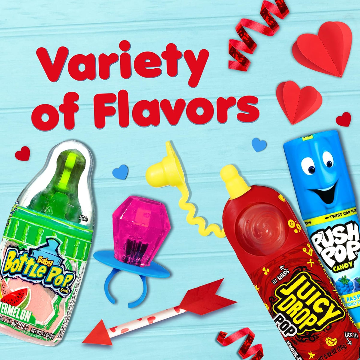 Candy Variety Pack, 18Ct Assorted Valentine's Candy Lollipops, Bulk Individually Wrapped Ring Pop, Push Pop, Baby Bottle Pop & Juicy Drop, Birthday