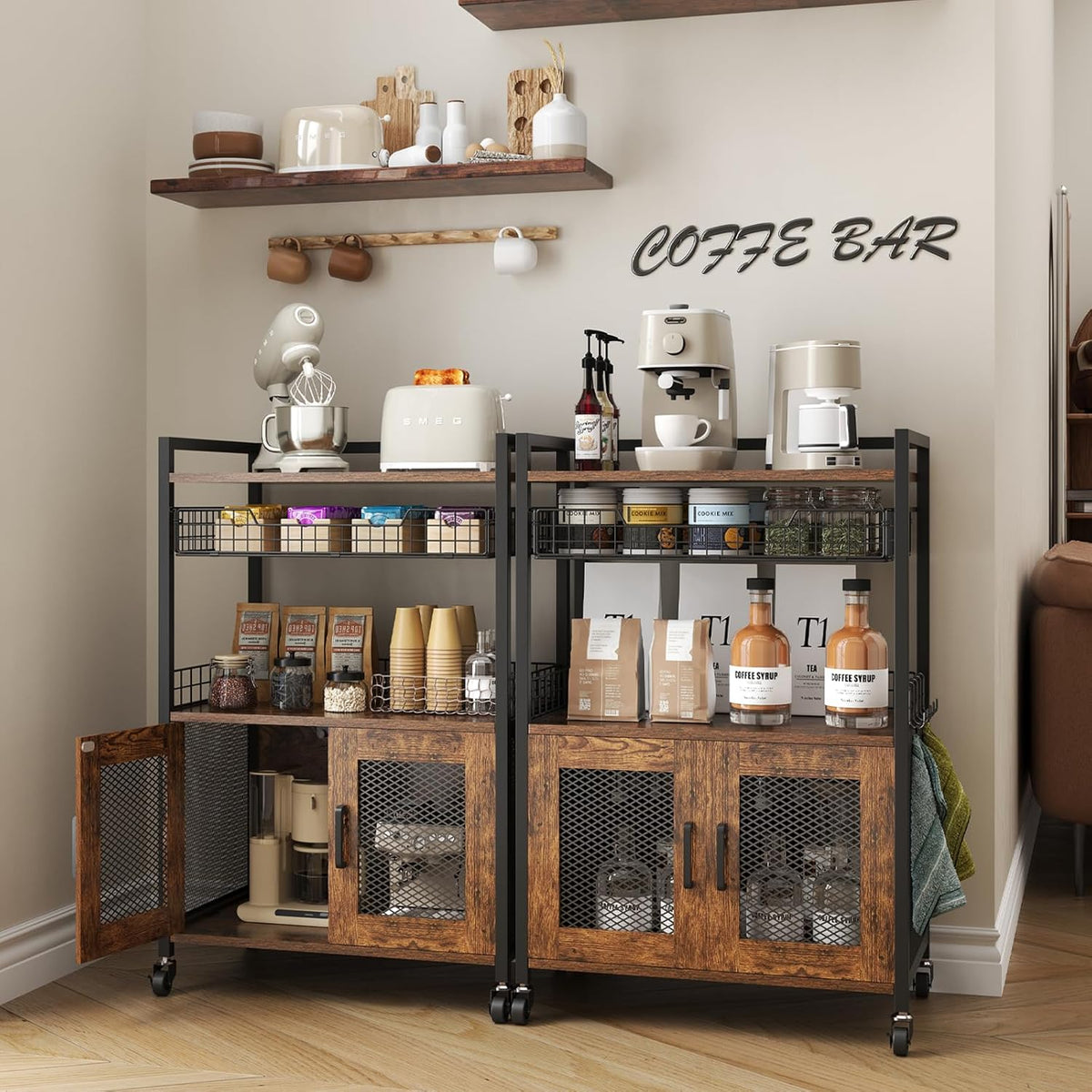 Coffee Bar Cabinet, 3 Tier Coffee Station Table on Wheels, 35.9" H Bar Cart with Wire Basket Drawer & 5 Hooks for Home Kitchen, Liquor Buffet