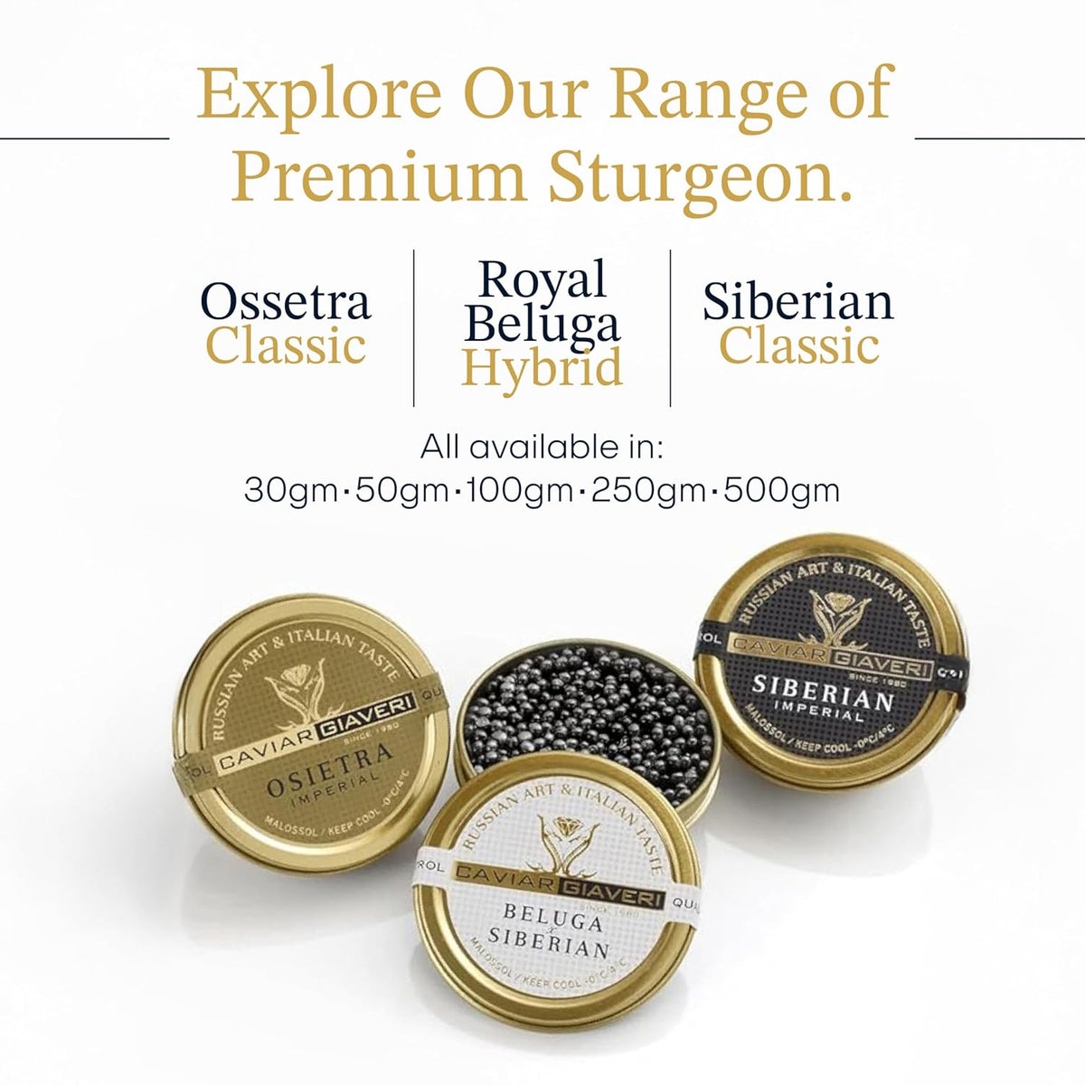 BESTER CAVIAR Royal Beluga Hybrid Sampler Set 1.05oz (30g) – Huso huso x Baerii Sturgeon Sampler Package – Caviar Serving Set with Mini Blinis (30