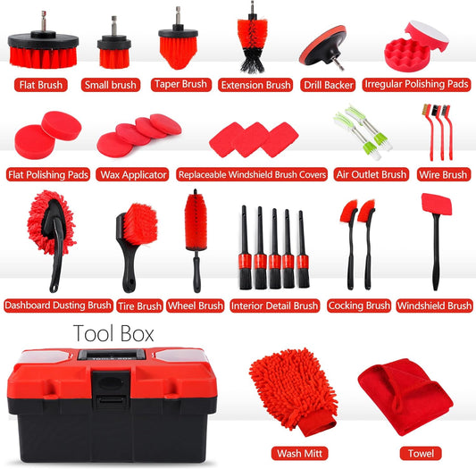 35Pcs Car Detailing Kit, Car Cleaning Kit with Windshield Cleaning Tool and Tool Box, Interior & Exterior Auto Care Supplies and Brushes (B：35PCS-R)