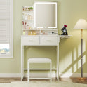 Small Vanity Desk with Mirror and Lights, Makeup Vanity with Fabric Storage Drawer, Chair and Three Shelves, White Vanity with Power Outlet and