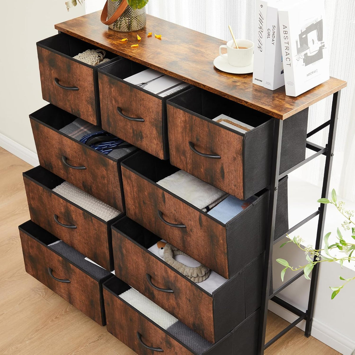 DUMOS Dresser for Bedroom, Storage Organizer with 9 Drawers, Chest of Drawers with Fabric Bins, Sturdy Metal Frame, Wood Tabletop for Guest Room