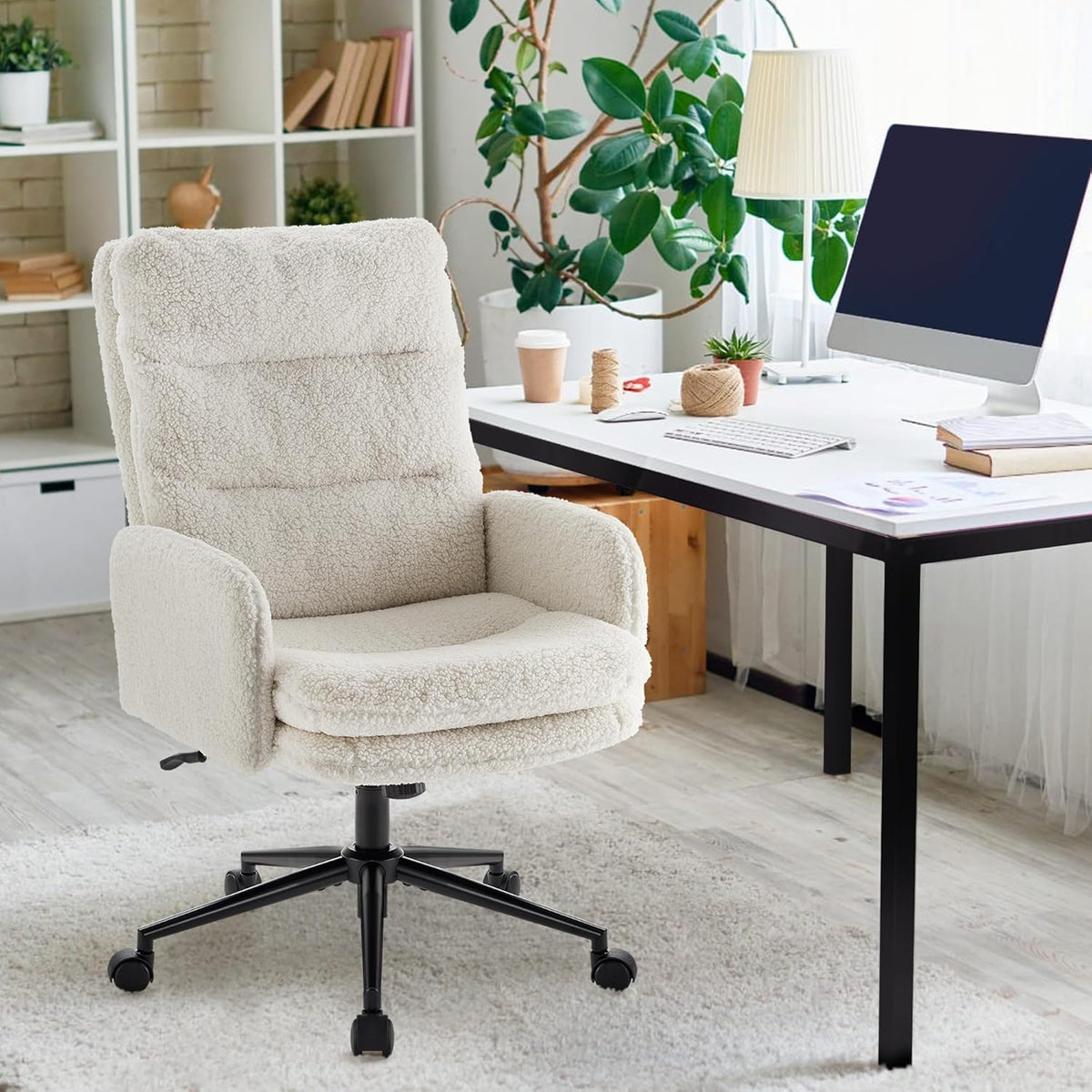 IWMH High-Back Home Office Chair,Upholstered Desk Chair with Armrests,Height Adjustable Armchair with Wheels, Swivel Office Desk Chair, Ergonomic