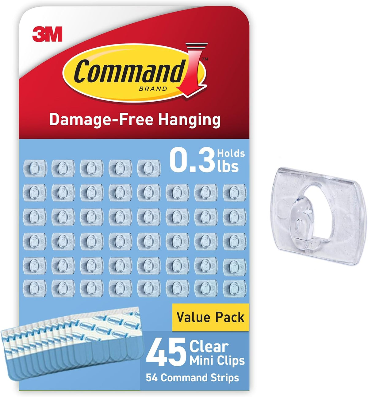 Command Indoor Mini Light Clips, 45 Clear Clips and 54 Command Strips, Damage Free Hanging Christmas Decorations, Wall Clips for Hanging Lights and