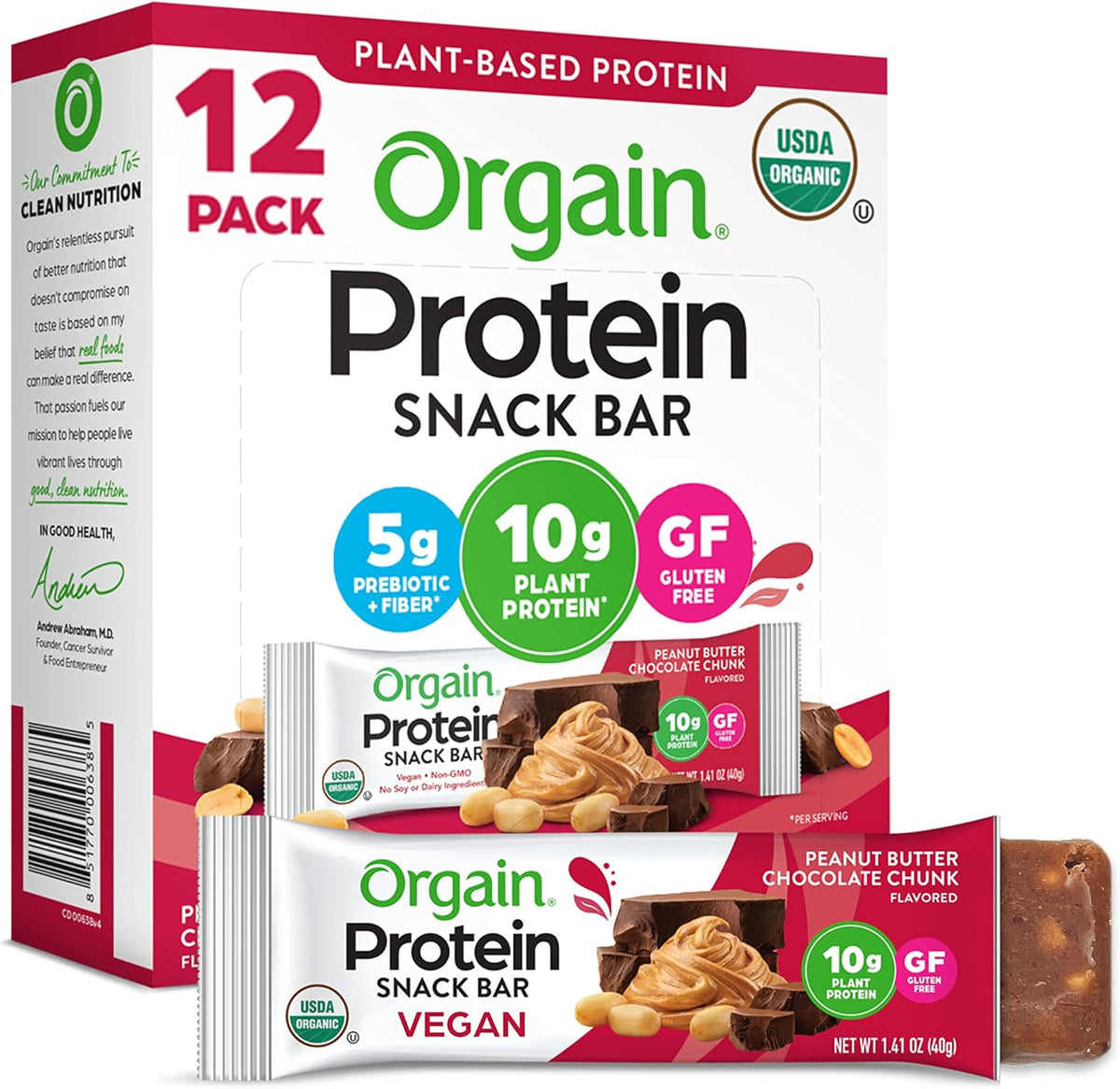 Orgain Organic Vegan Protein Bars, Peanut Butter Chocolate Chunk - 10g Plant Based Protein, Low Calorie Healthy Snacks, No Lactose or Soy