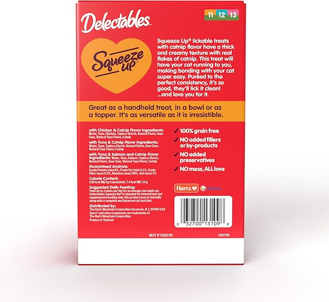 Delectables Squeeze Up Catnip Variety Pack, Creamy Squeezable Puree, Lickable Wet Cat Treats, Grain Free, No Added Fillers, No by-Products, No Added