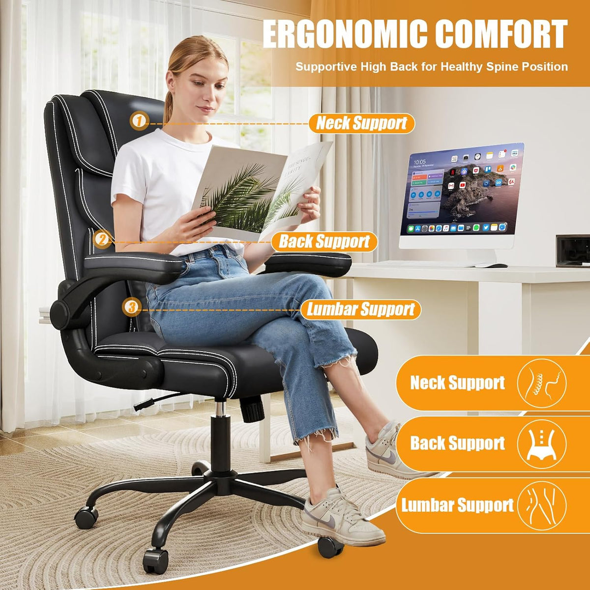 Executive Office Chair with Flip-up Armrests,Ergonomic Computer Desk Chairs,Mid-Tall Back Leather Office Chair 400 Lbs,Lumbar Support Swivel PC Chair