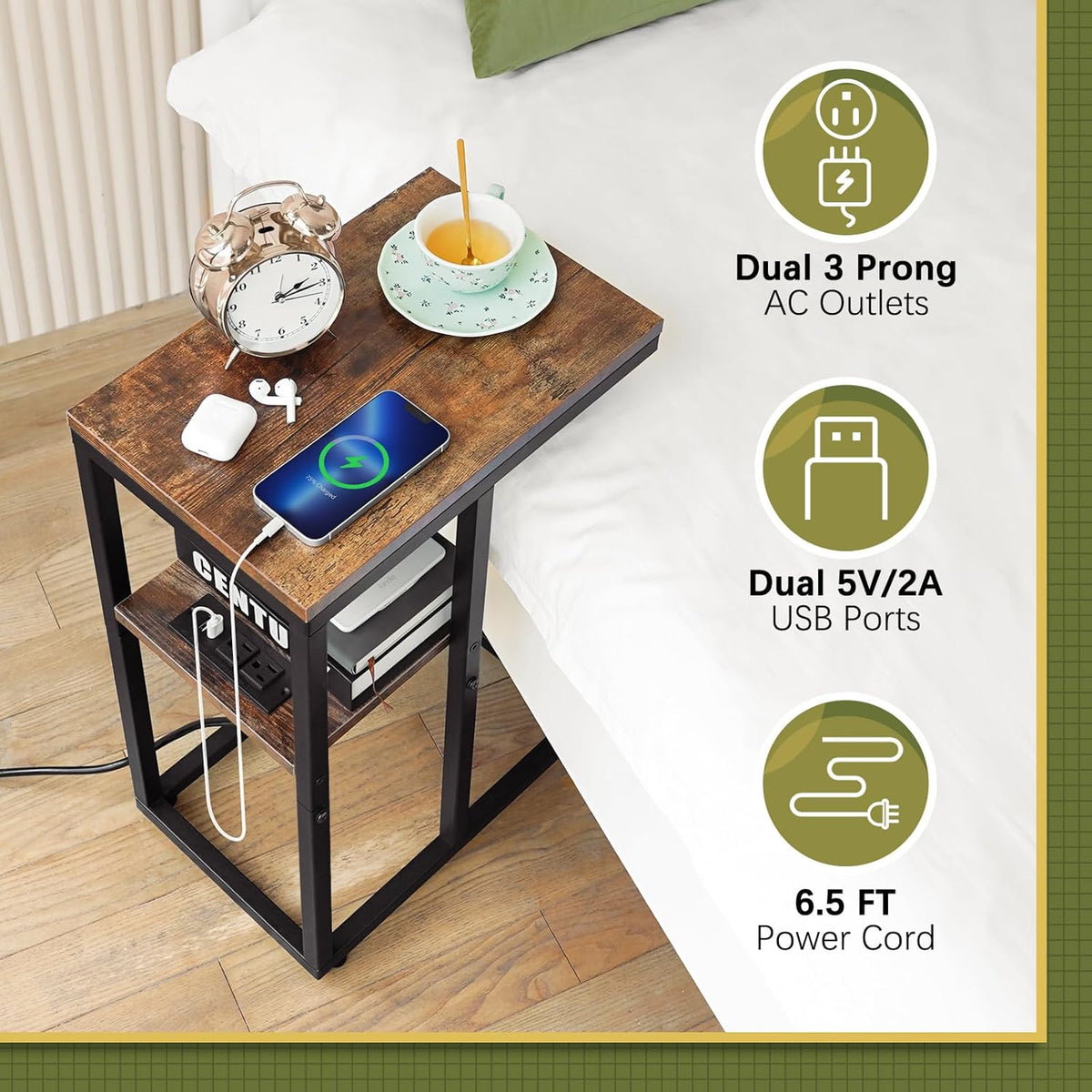 Yoobure C Shaped End Table with Charging Station, Small Side Table for Sofa，26" Tall Tv Tray Couch Table with Storage,Bedside Table with USB Ports