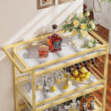Leteuke Bar Cart for Home, 3 Tier Gold Serving Rolling Carts with Wheels, Drink Cart, Liquor Stand with Marbled Wooden Shelves, Wine Rack and Glass