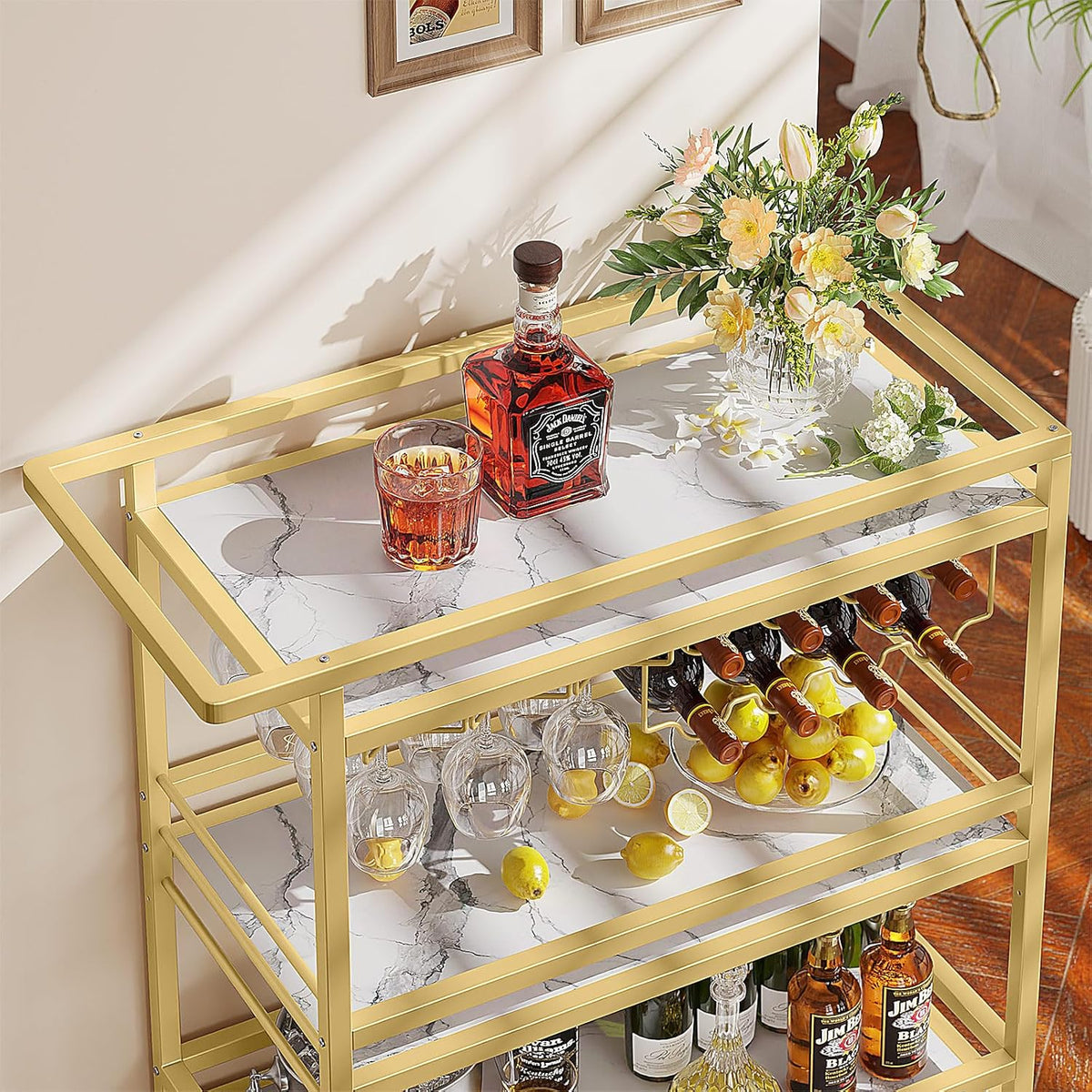 Leteuke Bar Cart for Home, 3 Tier Gold Serving Rolling Carts with Wheels, Drink Cart, Liquor Stand with Marbled Wooden Shelves, Wine Rack and Glass