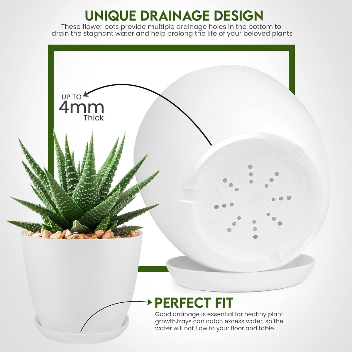 Utopia Home Plant Pots Indoor with Drainage Holes – Set of 5 White Plastic Flower Pots (7/6.6/6/5.3/4.8 Inch) – Modern Planters for Indoor Plants