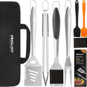 grilljoy 8PCS BBQ Grill Tools Set with Extra Thick Stainless Steel Spatula, Fork, Tongs & Cleaning Brush - Complete Barbecue Accessories Kit with