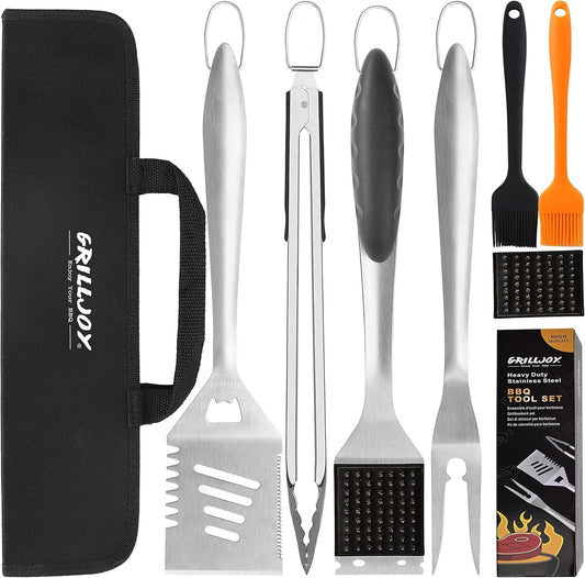 grilljoy 8PCS BBQ Grill Tools Set with Extra Thick Stainless Steel Spatula, Fork, Tongs & Cleaning Brush - Complete Barbecue Accessories Kit with
