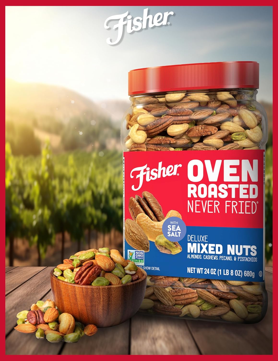 Fisher Oven Roasted Never Fried Deluxe Mixed Nuts, 24 Ounces (Pack of 1), Almonds, Cashews, Pecans, Pistachios, Healthy Snacks for Adults, Made With