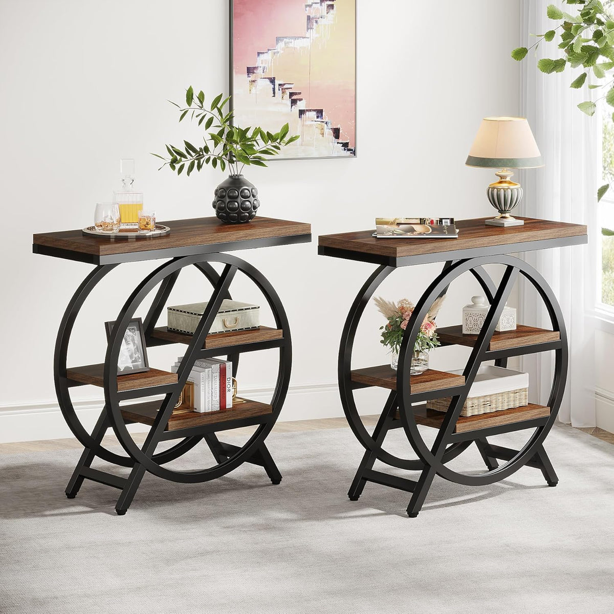 Tribesigns End Table for Living Room, 3-Tier Narrow Side Table with Storage, Wood Sofa Side Table with Geometric Metal Frame, Industrial Nightstand