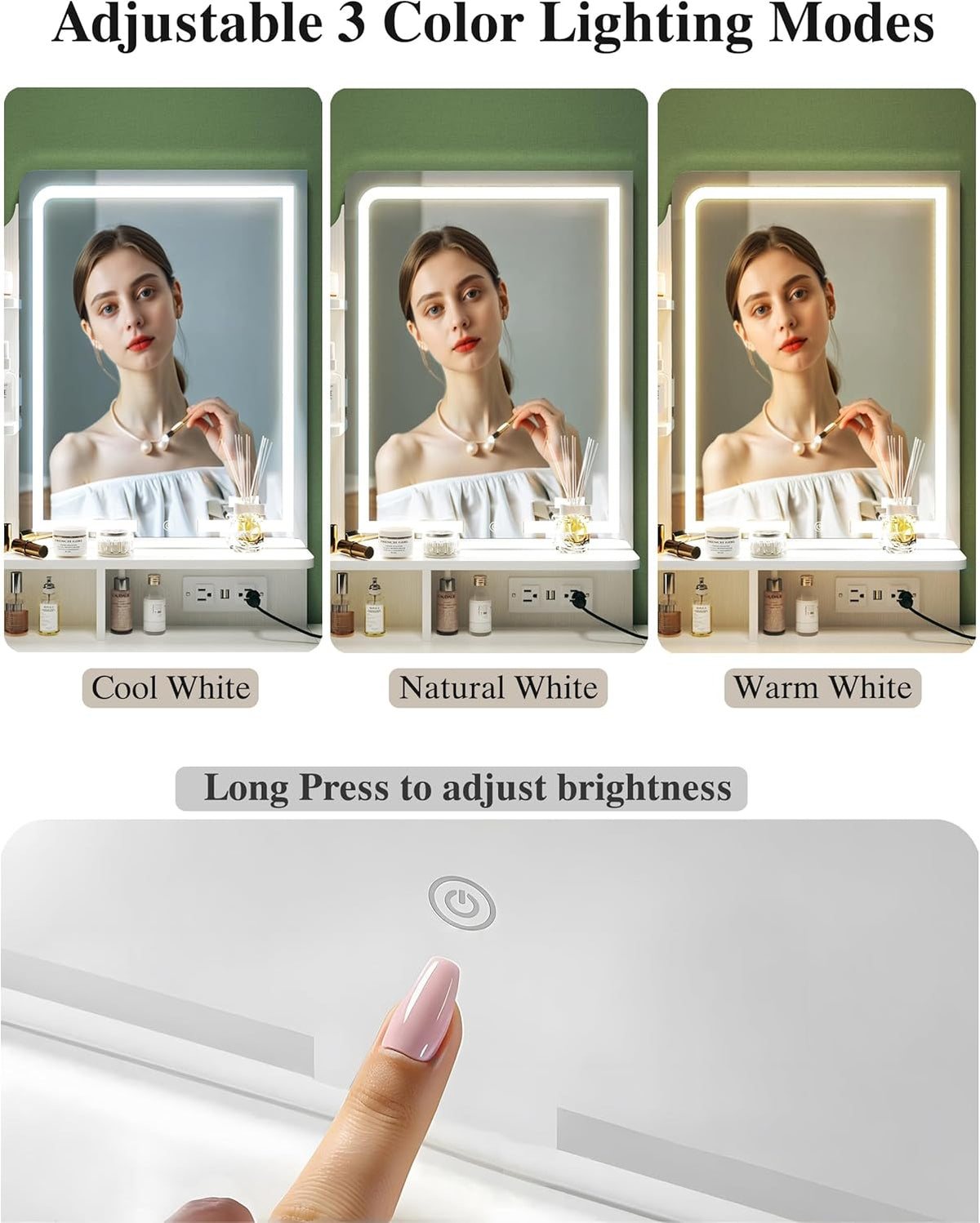 Makeup Vanity Desk with Mirror and Lights, Small Vanity with Fabric Storage Drawer & Chair & Shelves, White Vanity with Fold-up Panel and Power