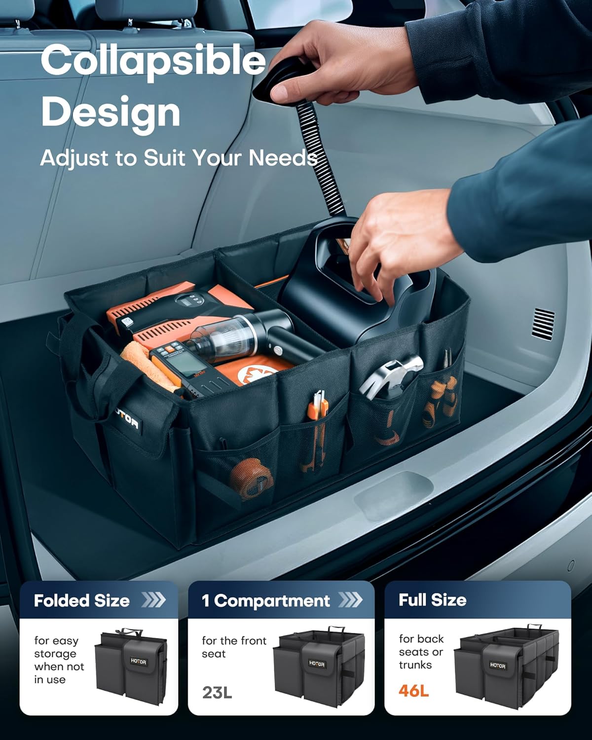 HOTOR Trunk Organizer - Car Organizer, Foldable Trunk organizer for SUVs & Sedans, Sturdy Car Organization for Car Accessories, Tools, Sundries