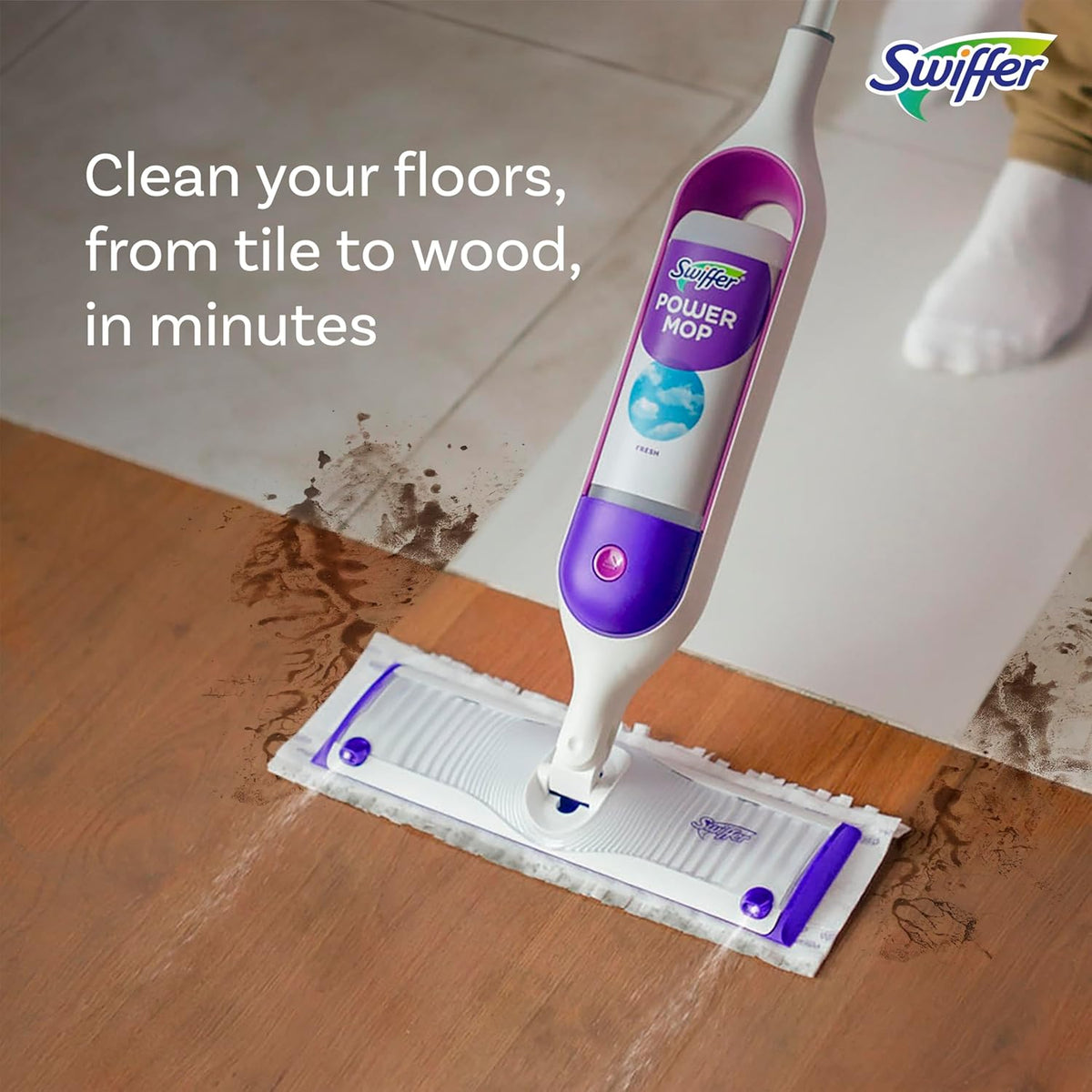 Swiffer PowerMop Multi-Surface Mop Kit for Floor Cleaning, Includes PowerMop, 2 Mopping Pad Refills, 1 Cleaning Solution with Fresh Scent and 2