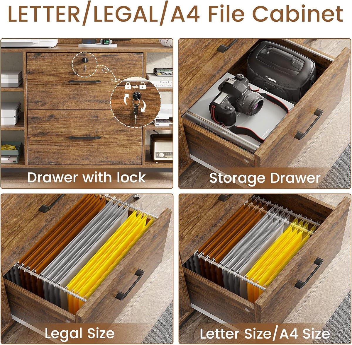 SEDETA 44" File Cabinet, Filing Cabinet fits Legal/Letter Size, 2 Drawer File Cabinets for Home Office with Lock, Power Strip, 6 Storage Shelves