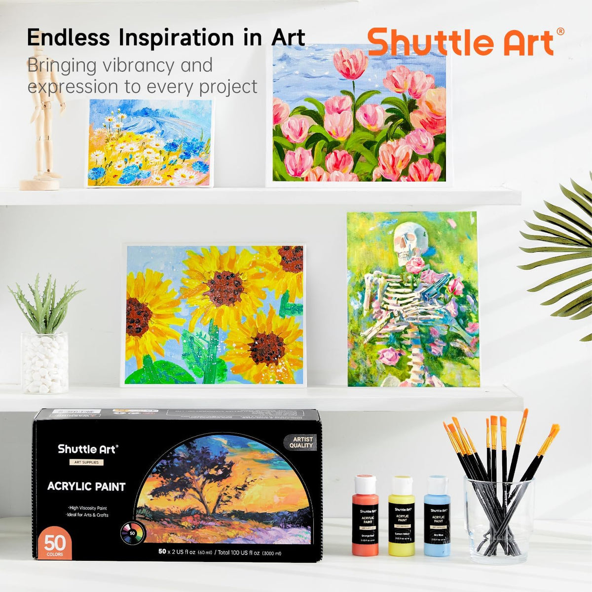Shuttle Art Acrylic Paint, 50 Colors Acrylic Paint Set, 2oz/60ml Bottles, Rich Pigments, Water Proof, Premium for Artists, Beginners and Kids on