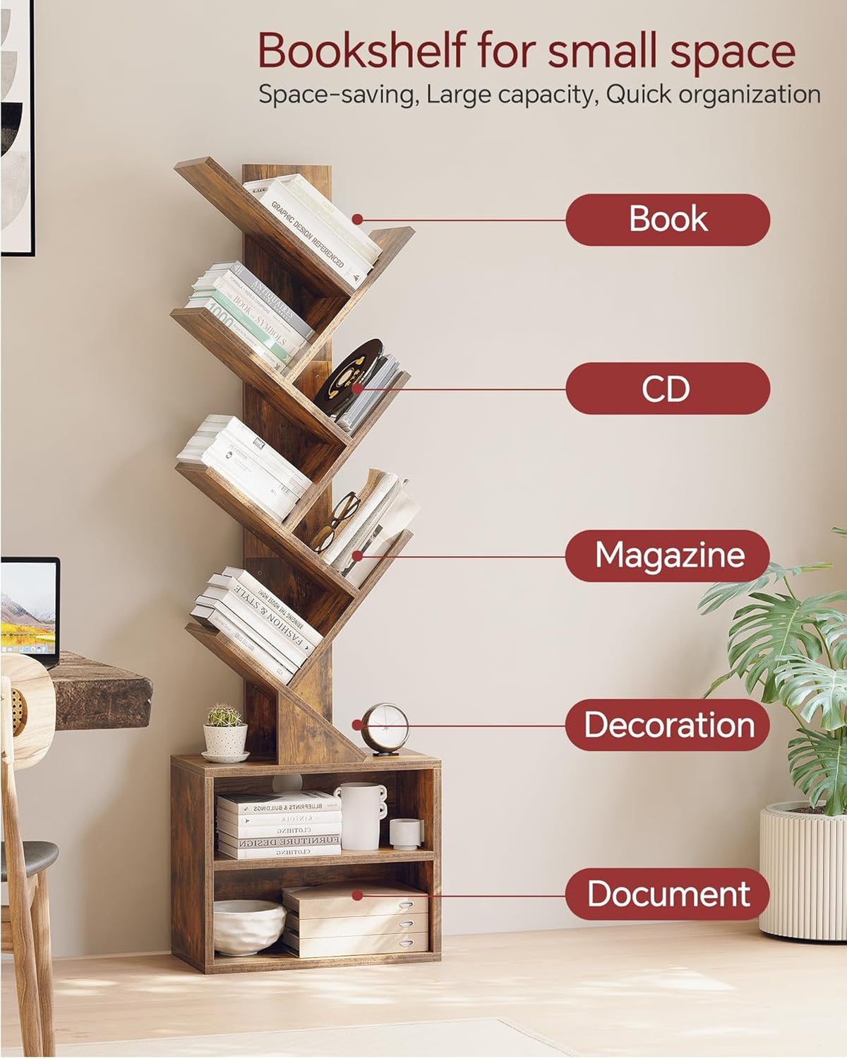 SUNMORY 6 Tier Tree Bookshelf, Small Bookcase with Storage Cabinet, Modern Tall Narrow Bookshelves Organizer, Floor Standing Book Shelf for