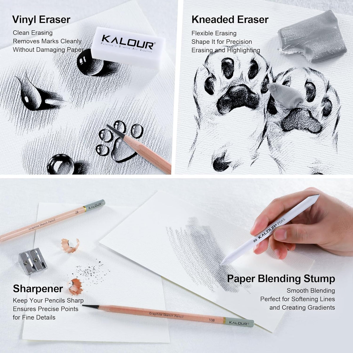 KALOUR 18-Piece Professional Sketch Pencil Set - Includes 5H to 14B Pencils, Vinyl Eraser, Kneaded Eraser,Sharpener and Paper Blending Stump - Ideal