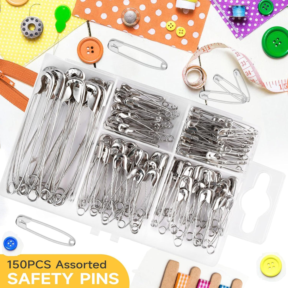Huhuhero 160Pcs Safety Pins, Large & Small Safety Pins for Clothes Sewing Craft, Nickel Plated Steel Assorted Size Pins Bulk, Art and Craft Supplies