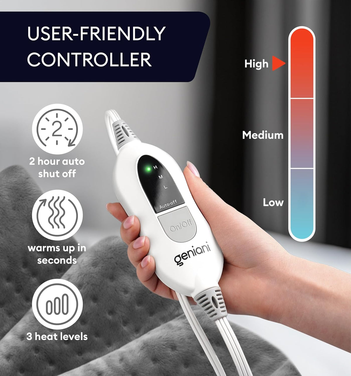 GENIANI XL Electric Heating Pad for Back Pain & Cramps Relief, Electric Throw, Birthday Christmas Gifts for Women, Men Auto Shut Off, Machine