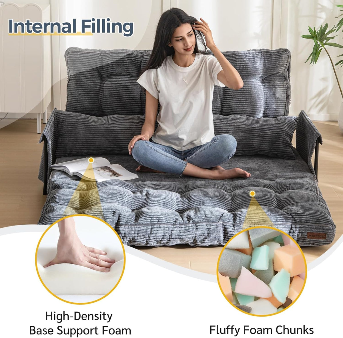 MAXYOYO Adjustable Floor Sofa Couch with 2 Pillows, Multi-Functional Bean Bag Bed, 5-Position Foldable Lazy Sofa Sleeper Bed with Armrest, Versatile