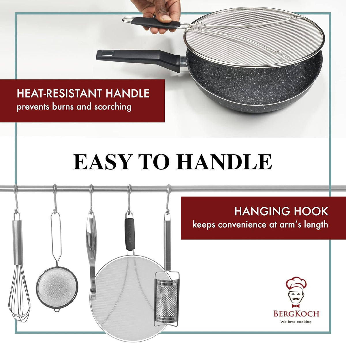 BergKoch Splatter Screen for Frying Pan - 13 Inch Stainless Steel Grease Splatter Guard - Cover Oil Splash when Sizzling Bacon, Cooking Fried Chicken