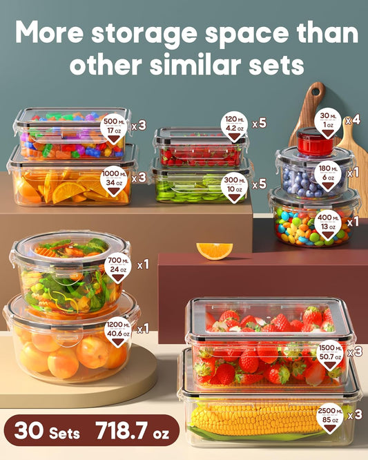 60 PCS Food Storage Containers with Lids Airtight, (30 Lids & 30 Containers) Leak proof Containers Set for Kitchen, Meal Prep, BPA-Free, PVC-Free