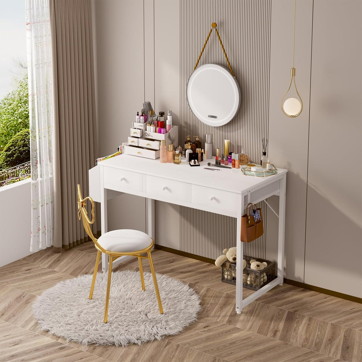 Lufeiya Small White Computer Desk with Fabric Drawers for Home Office Bedroom, 40 Inch Vanity Desk with Drawer Storage and Side Pouch, Study Writing
