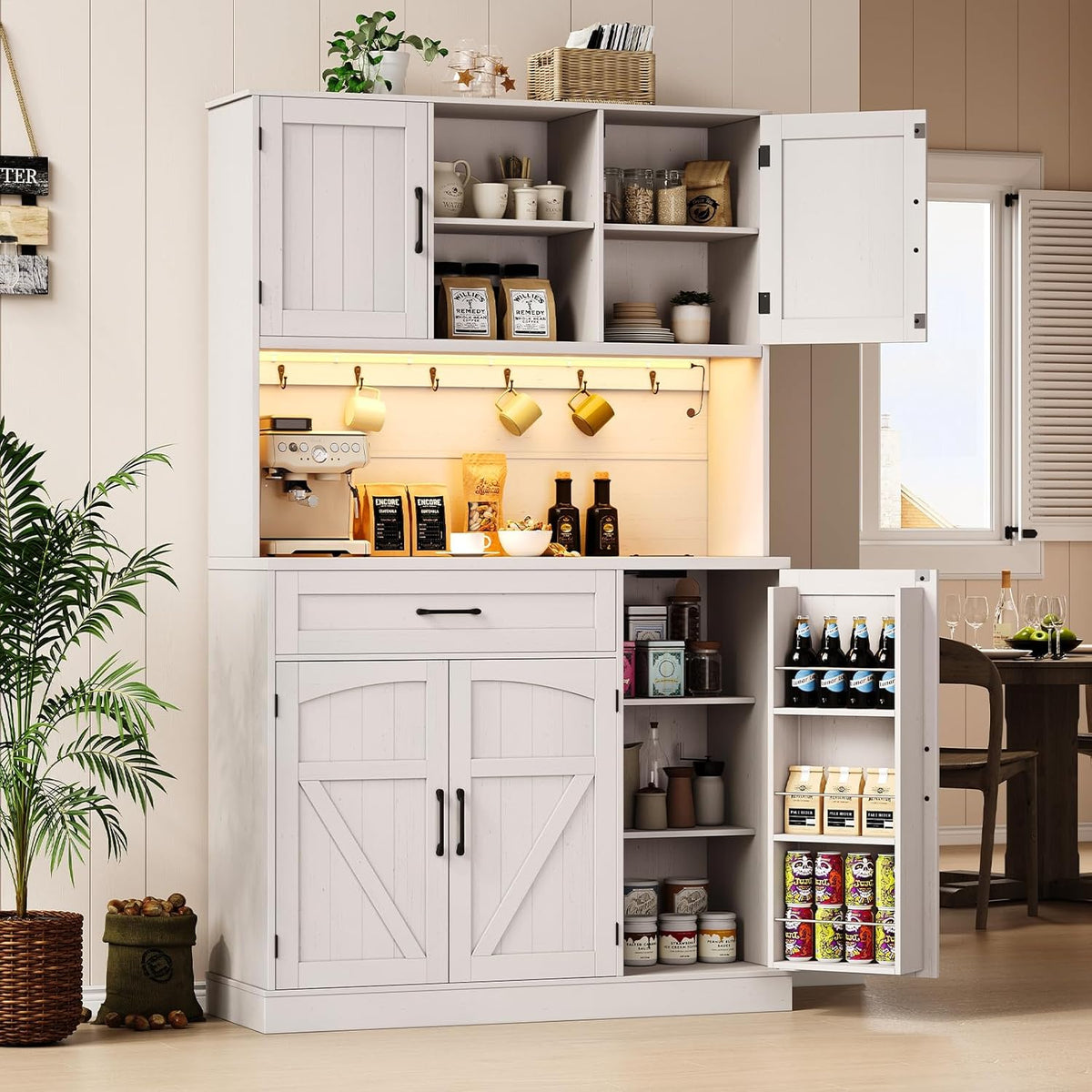 ONBRILL 71" Pantry Cabinet, Kitchen Pantry Storage Cabinet with LED Light & Outlet, Kitchen Hutch with Microwave Shelf & 6 Hooks, Door Shelves