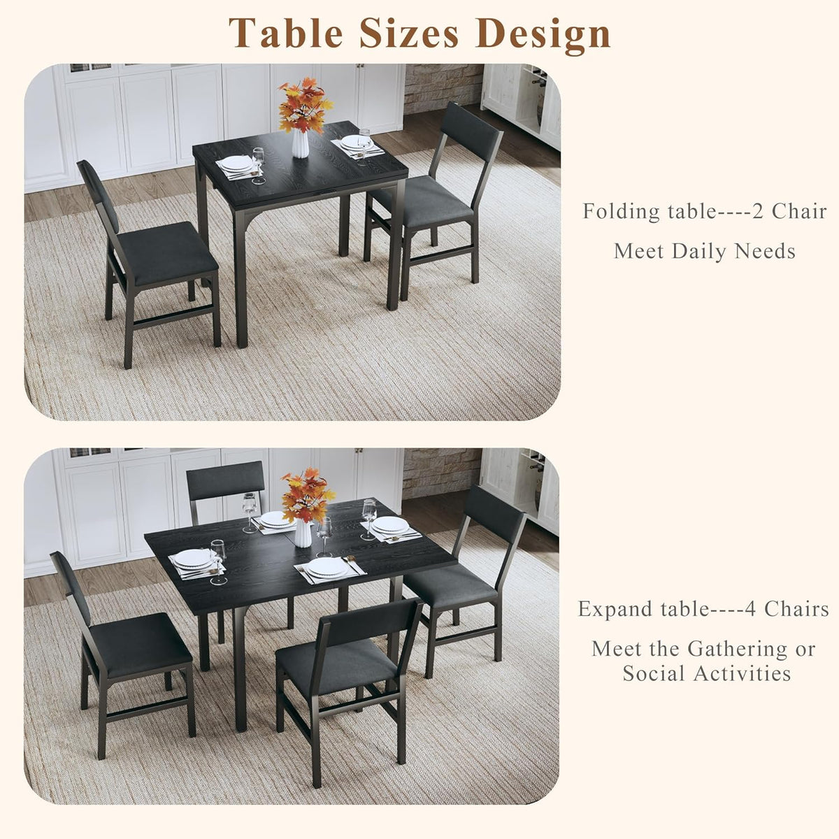 Dining Table Set for 4, Extendable Kitchen Table Cushion Chairs Set of 4, Rectangle Dining Table with Metal Frame & MDF Board, Folding for Small
