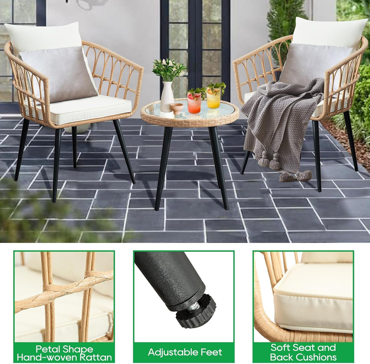 3 Piece Patio Bistro Set, Outdoor Wicker Apartment Balcony Furniture Sets, Rattan Table and Chairs Set of 2 for Porch Backyard Lawn Poolside Deck