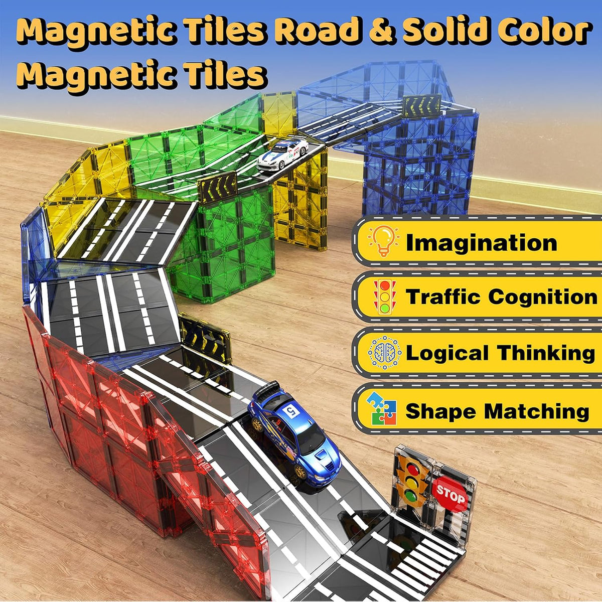 Magnetic Tiles - Road Set, Magnetic Building Blocks, Preschool Montessori Toys Gift for 3+ Year Old Boys and Girls, Sensory Christmas Toys for Kids